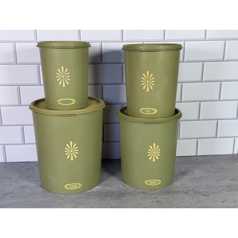 Vintage Tupperware Avocado Green Servalier Canister Set 4pc Sunburst Lids Retro